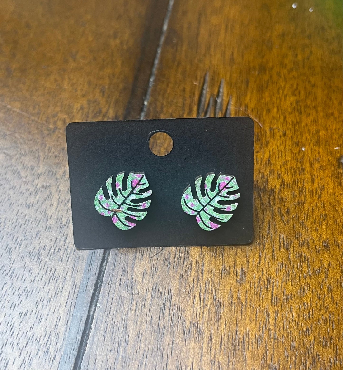 Wooden Monstera Leaf Earrings #3