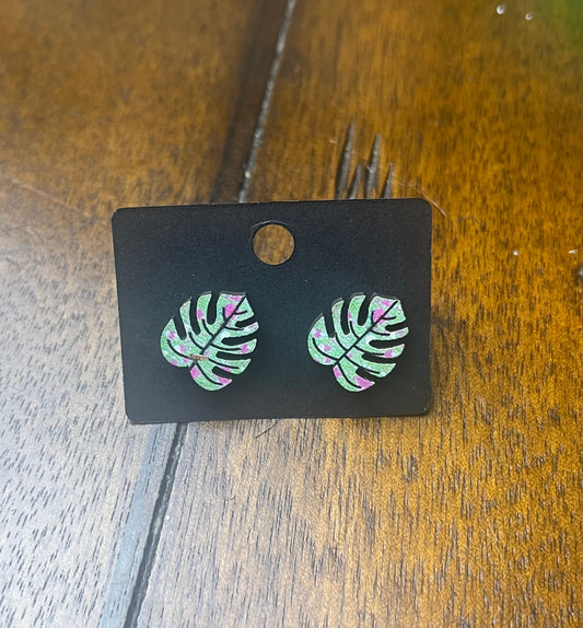 Wooden Monstera Leaf Earrings #3