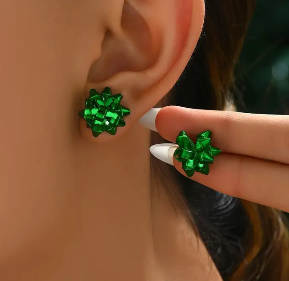 Green Fashion Christmas Bow Earrings