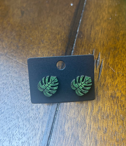 Wooden Monstera Leaf Earrings #2