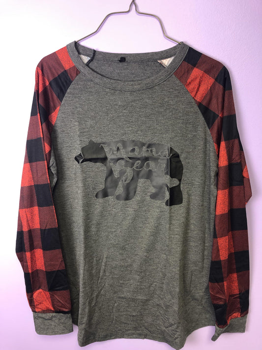 Mama Bear Grey With Red/Black Plaid Sleeves - Shear Xcitement Boutique