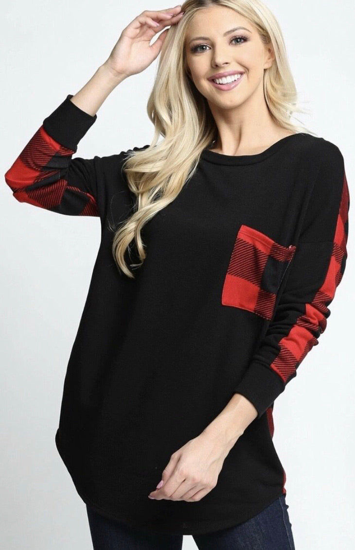 Long Sleeve Plaid Contrast Top With Front Pocket - Red - Small