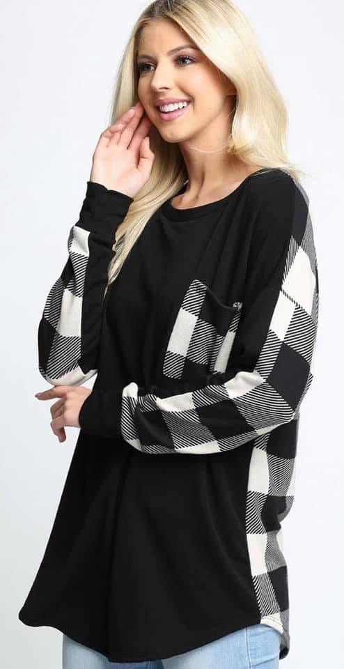 Long Sleeve Plaid Contrast Top With Front Pocket - Ivory - Small
